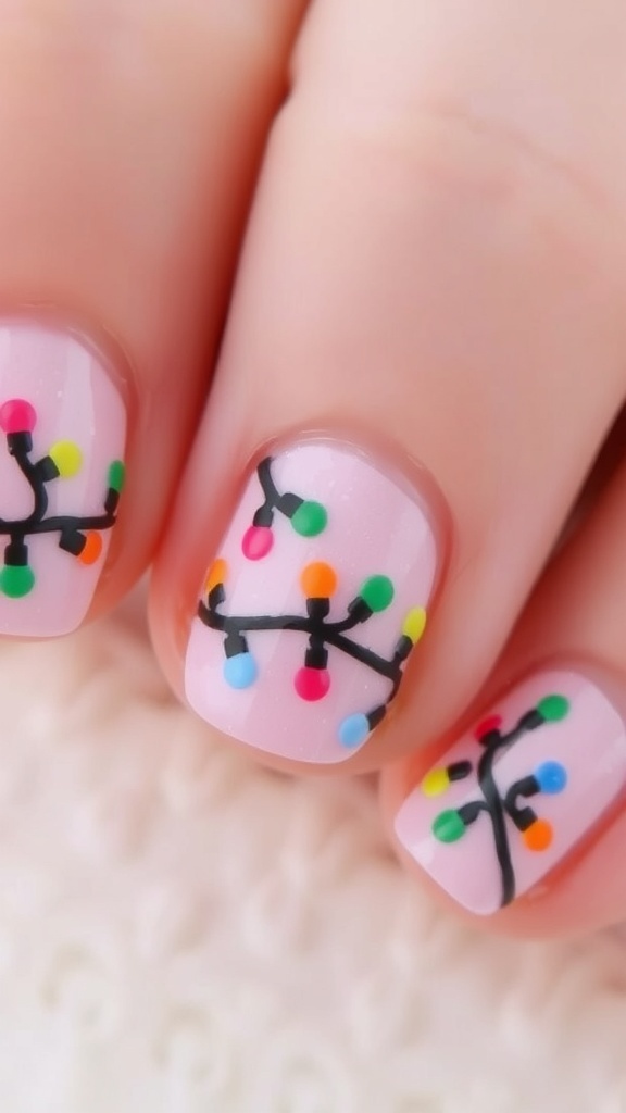 Short Christmas Lights Nail Art Design Short nails with colorful Christmas lights nail art design on a festive background.